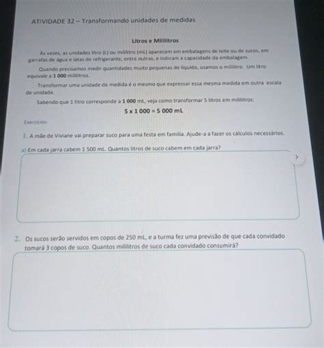 Solved Atividade 32 Transformando Unidades De Medidas Litros E Mililitros As Vezes As