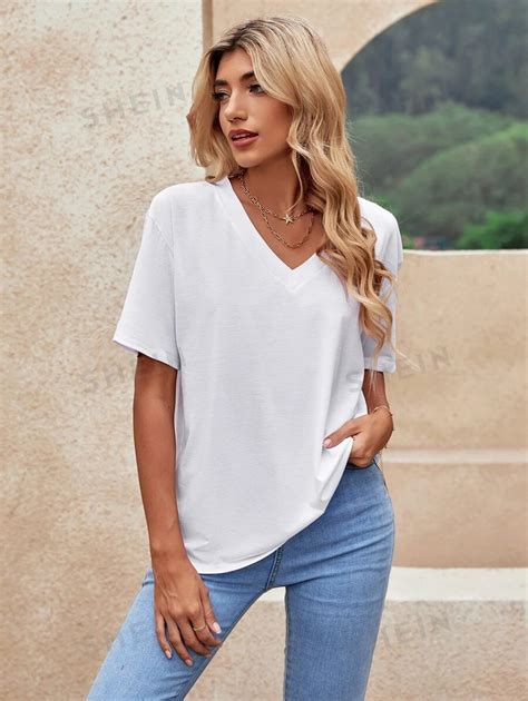 Shein Lune Solid V Neck Drop Shoulder Tee Shein Usa