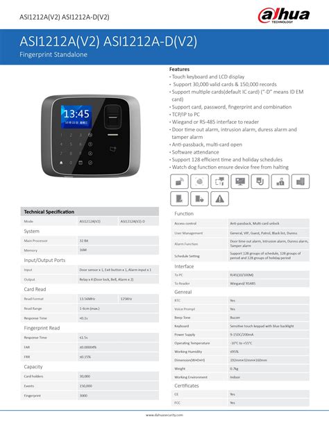 DAHUA ASI1212A V2 Fingerprint Standalone Access Mifare Card Controller