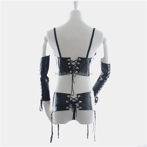 Knappe Jurk Volwassen Zwart Lakleer Sexy Lingerie Pols Bondage Taille Terughoudendheid En Korte