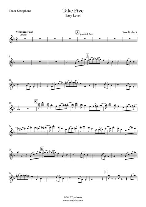 Take Five (Easy Level, tenor Sax) (Brubeck) - Saxophone Sheet Music