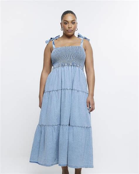 River Island Denim Shirred Maxi Dress In Blue Lyst