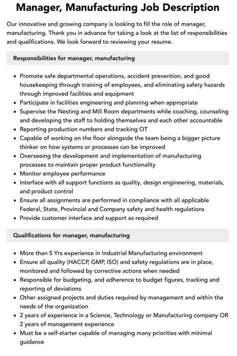 Manager Manufacturing Job Description Velvet Jobs