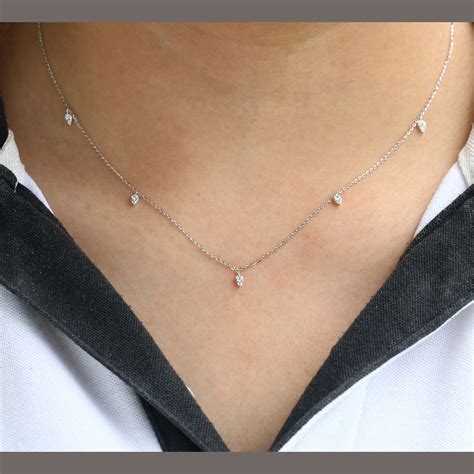 Teardrop Diamond Station Necklace 14k 18k Solid Gold Dainty Etsy