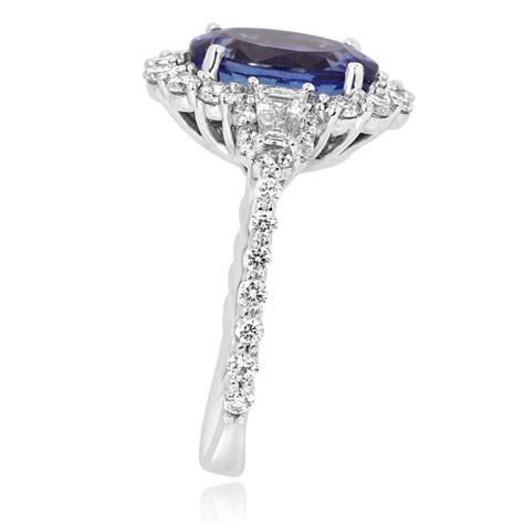 Tanzanite Oval White Diamond Halo Three Stone Bridal Cocktail Fashion