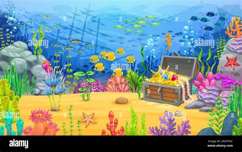 Game Level Underwater Landscape Cartoon Treasure Chest Fish Shoal