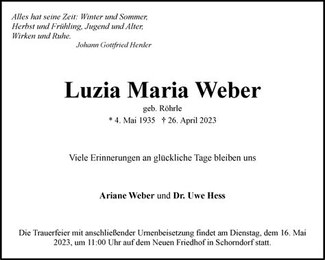 Traueranzeigen Von Luzia Maria Weber Zvw Trauer