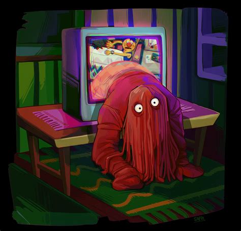 A Cartoon Character Laying On The Ground In Front Of A Tv With Its Eyes