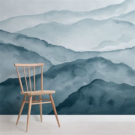 Blue Peaceful Mountain Watercolor Mural Hovia Mural Ombre Blue