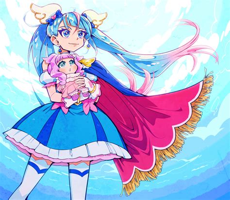 Safebooru 2girls Aqua Eyes Blue Cape Blue Dress Blue Eyes Blue Hair Blue Sky Bow Cape Carrying