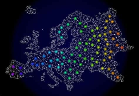 Polygonal D Mesh Map Of Europe With Bright Light Spots Stock Vector