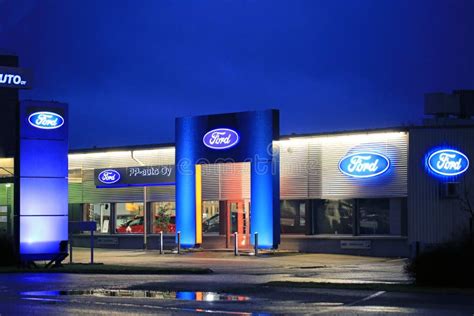 Ford Automobile Dealership Exterior And Trademark Logo Editorial Stock