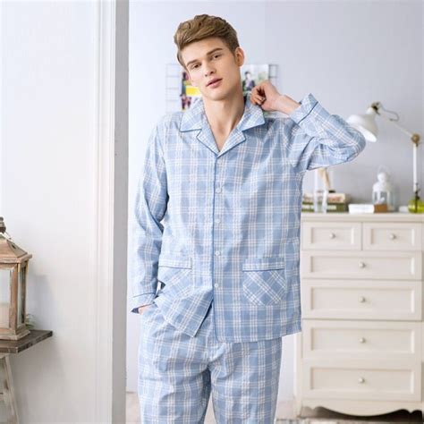 Cotton Plaid Turn Down Collar Full Length Men Pajamas Sets