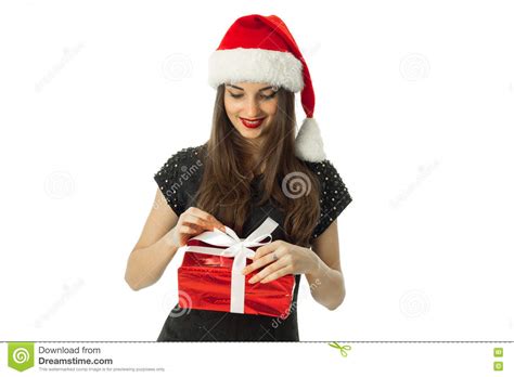 Beautiful Brunette Woman In Santa Hat Stock Image Image Of Pretty