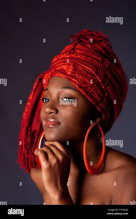 Beautiful African American Woman Wearing A Traditional Tribal Red