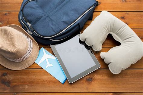 Close Up Of Tablet Pc And Traveler Personal Stuff Stock Photo Image