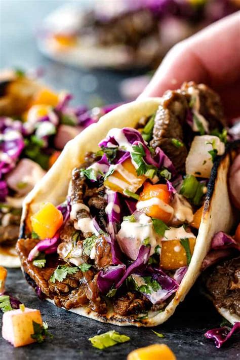 Beef Bulgogi Korean Tacos With Asian Pear Mango Slaw And Gochujang Crema