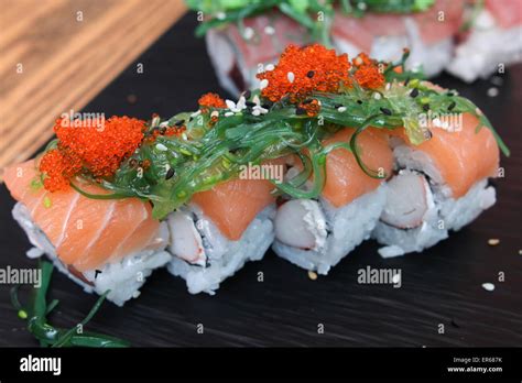 salmon sushi rolls Stock Photo - Alamy