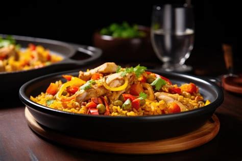 Premium Ai Image Oneperson Portion Of Chicken Paella On A Dark