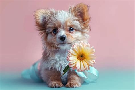 Whimsical Puppy Embracing Spring With A Delicate Gerbera Daisy On