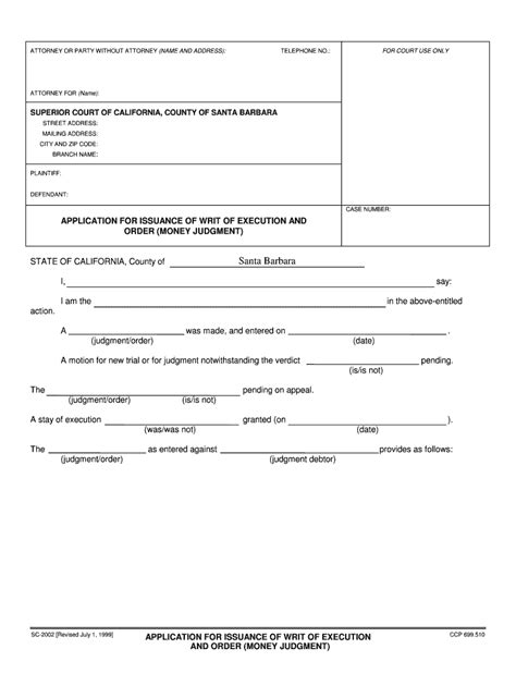 Fillable Online Sbcourts Application For Issuance Of Writ Of Execution