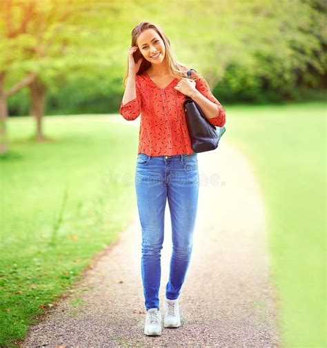 Woman Walking And Portrait On Park Path Outdoor And Eco Friendly