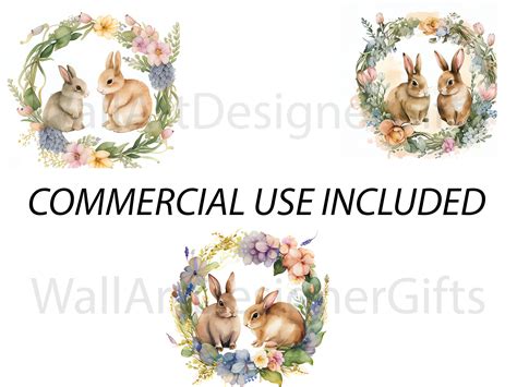 Bunnies With Flower Wreaths Clipart High Quality Full Etsy