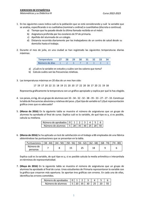 Ejercicios Estad Stica Matemticas Y Su Didctica Iii Curso