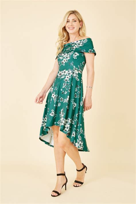 Mela Green Floral Bardot Dipped Hem Dress