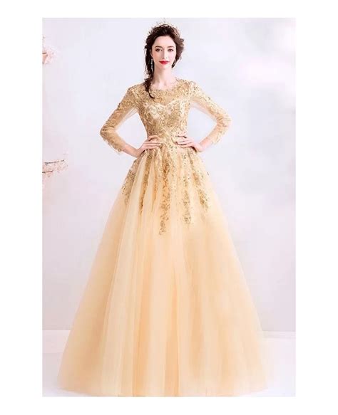 Luxe Champagne Gold Long Sleeve Prom Dress Tulle With Beaded Lace