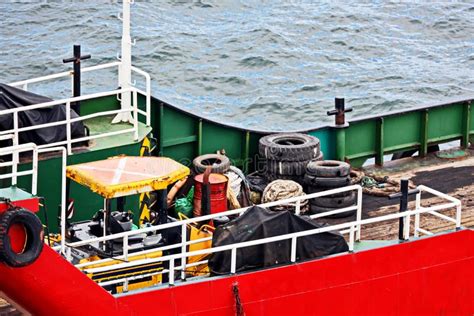 Various Views Of Vessels And Tugboats In Port Close Up View Of The