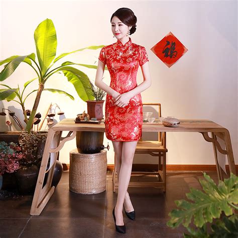 Chinese Dress Qipao For Women Plum Blossom Short Cheongsam Red