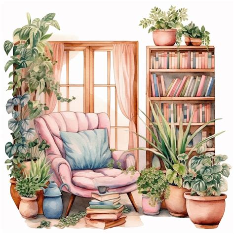 Premium Ai Image There Is A Painting Of A Chair And A Book Shelf With Plants Generative Ai