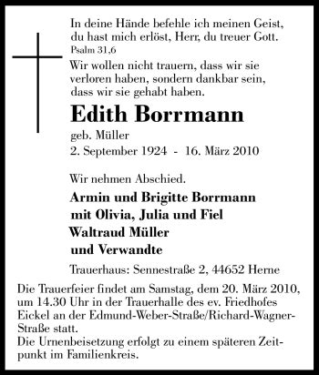 Traueranzeigen Von Edith Borrmann Trauer In NRW De