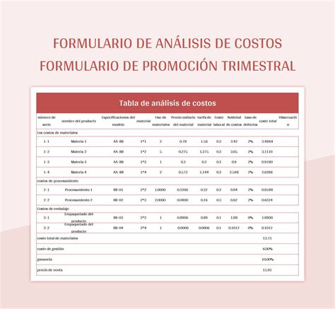 Plantilla De Excel Formulario De An Lisis De Costos Formulario De