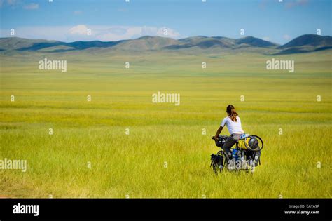 Cycling Through The Mongolian Steppe Mongolia Stock Photo Alamy