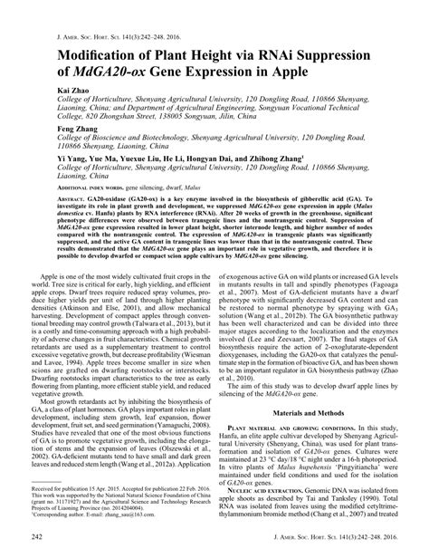 PDF Modification Of Plant Height Via RNAi Suppression Of MdGA20 Ox