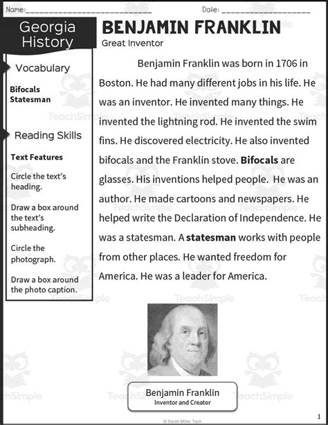 Benjamin Franklin History Packet Nonfiction Reading By Teach Simple