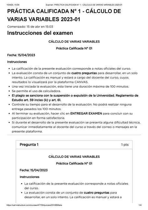 Examen Pr Ctica Calificada N C Lculo De Varias Variables