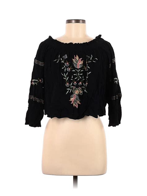 American Eagle Outfitters 100 Viscose Floral Black Long Sleeve Blouse