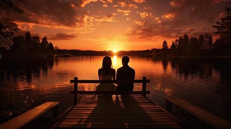 Premium Ai Image Couple On A Lake Dock Watching The Sunset At Their Wedding Silhouette Concept