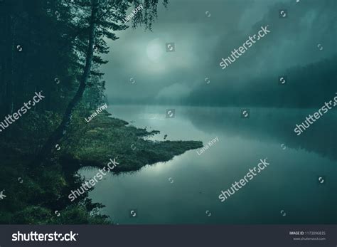 Full Moon On Mystical Forest Lake Stock Photo (Edit Now) 1173096835