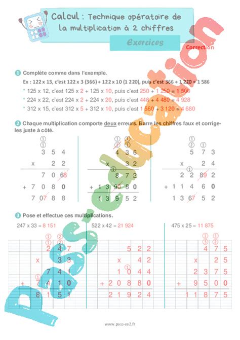 Technique opératoire de la multiplication à 2 chiffres Exercices de