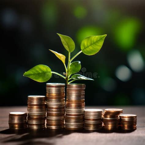 A Seedling Growing On A Pile Of Coins Has A Natural Backdrop Blurry