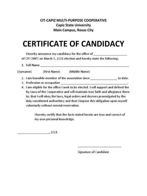 Coop Certificate Of Candidacy Pdf