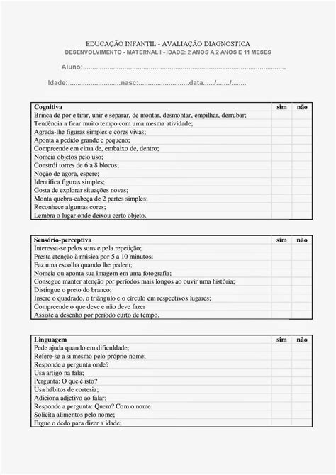 Fichas De Avalia O Diagn Stica Ber Rio I E Ii Maternal I E Ii