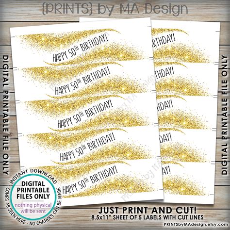 50th Birthday Water Bottle Labels Gold Glitter 50th Birthday Etsy