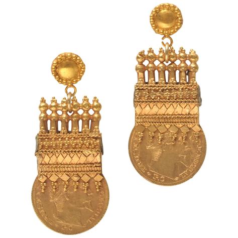 Early 1900's Etruscan Design 22K Gold Coin Earrings For Sale at 1stdibs