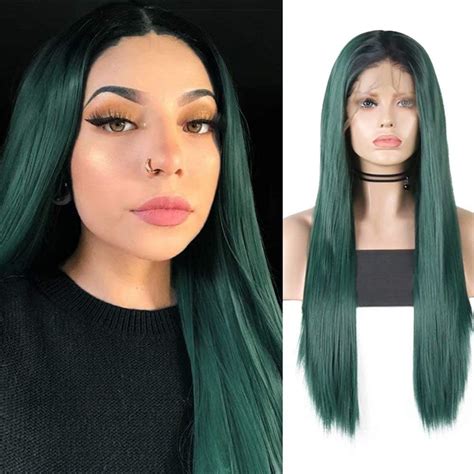 Rdy Ombre Green Wigs For Women Silky Straight Synthetic Lace Front Wigs