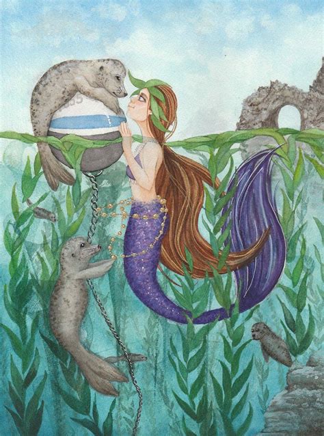 Mystical Mermaid And Seal Watercolor Print Ocean Teal Etsy